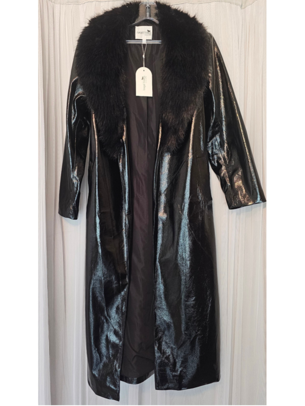 Women's Angel Wings Black Faux Leather Fur Collar Trench Coat Size S/M